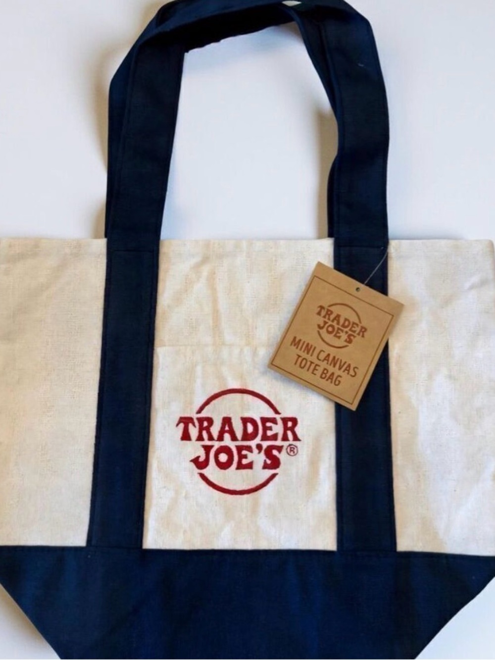 Trader Joe's Canvas Tote Bag - Natural and Navy with Red Logo